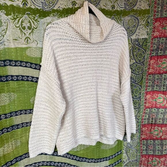 Aerie Beige Open Knit Wool Blend Cowl Neck Sweater Size Small - Picture 9 of 14